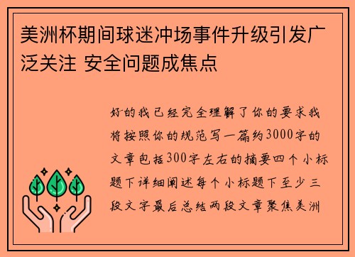 美洲杯期间球迷冲场事件升级引发广泛关注 安全问题成焦点